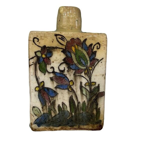 Antique Vtg Persian Qatar Pottery Flask Bottle Ceramic Vase Floral Multicolor - Picture 1 of 16